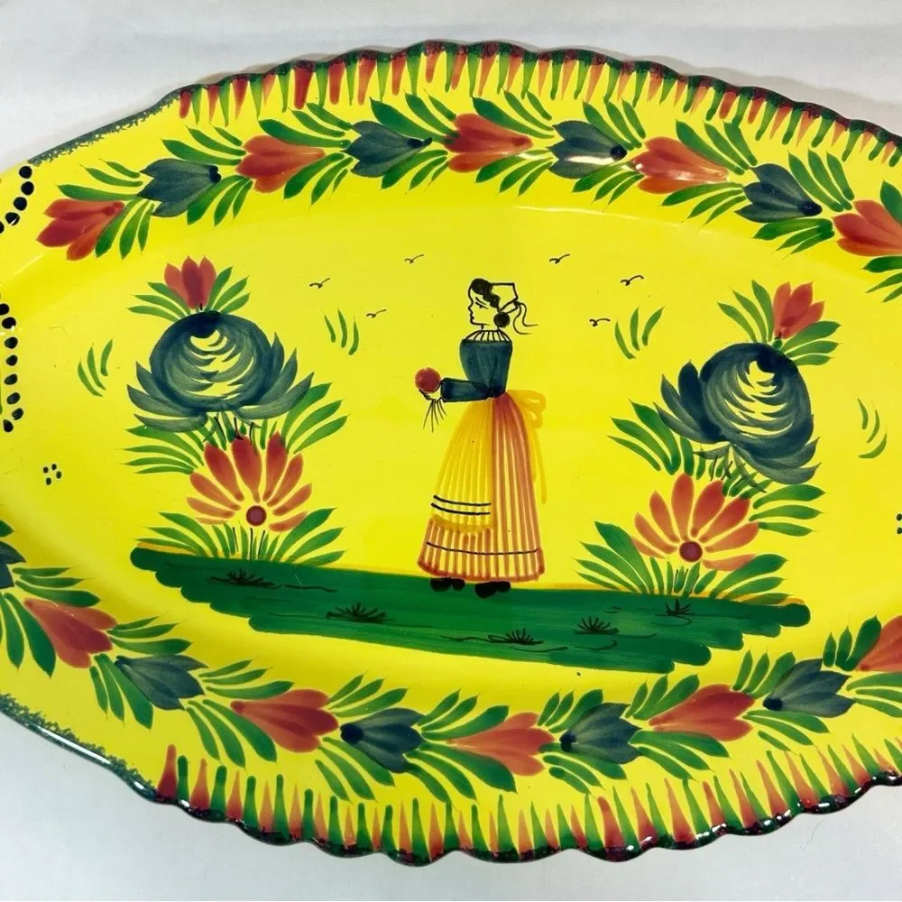 HB Henriot Quimper France Fish 19.25” Platter Yellow Soleil Pottery Femme Breton